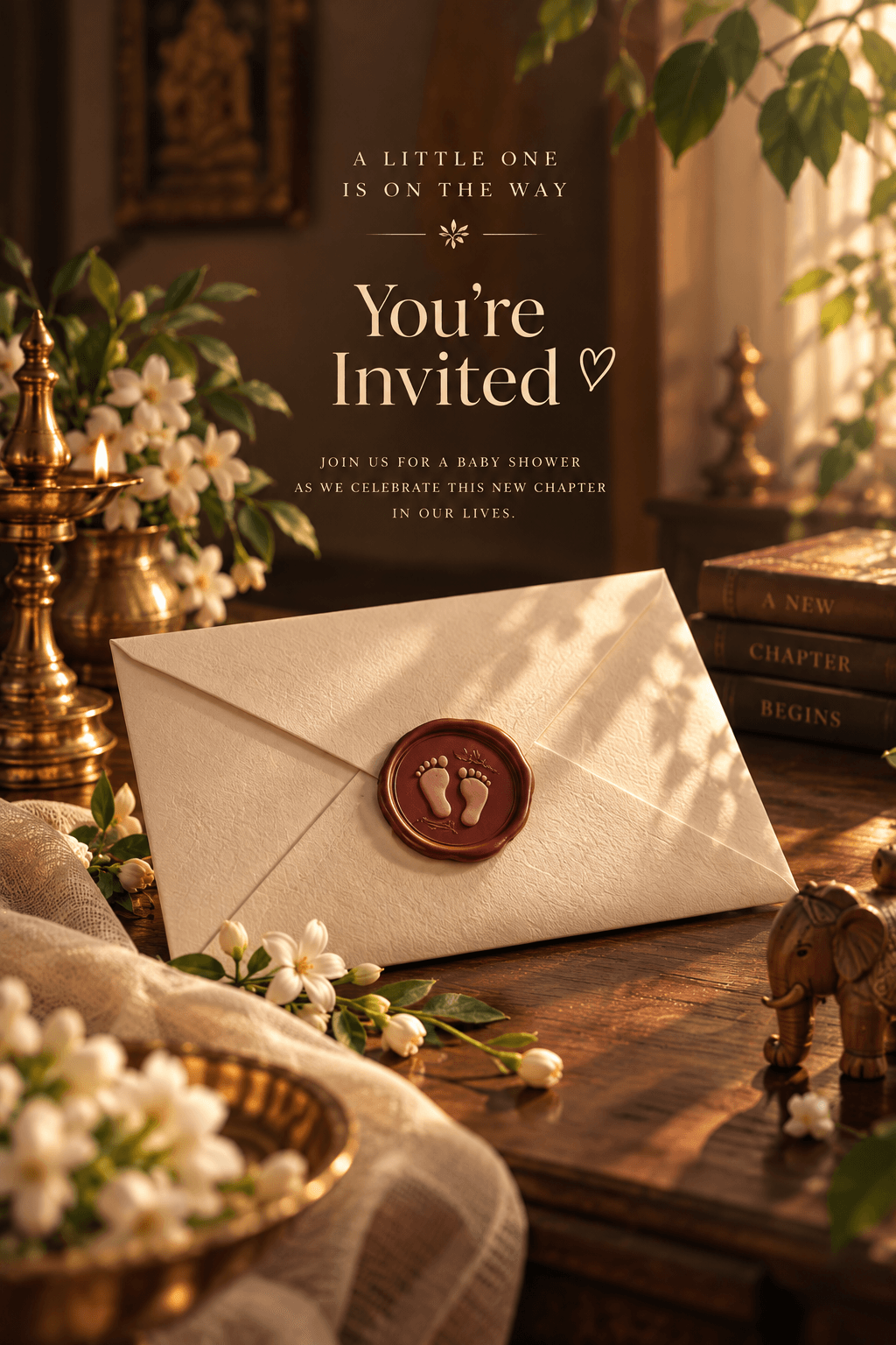 A cream invitation envelope sealed with a wax baby-feet stamp, resting among jasmine flowers, brass diyas and a stack of books reading 'A New Chapter Begins'.