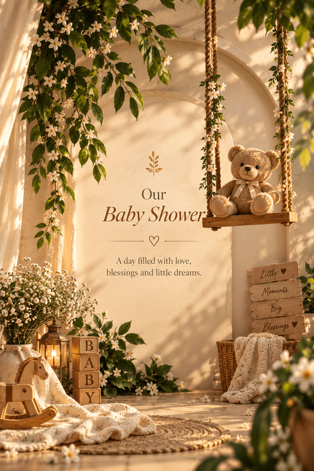 A sunlit nook decorated for the baby shower with a teddy bear on a wooden swing, wooden blocks spelling BABY, and a rocking horse.