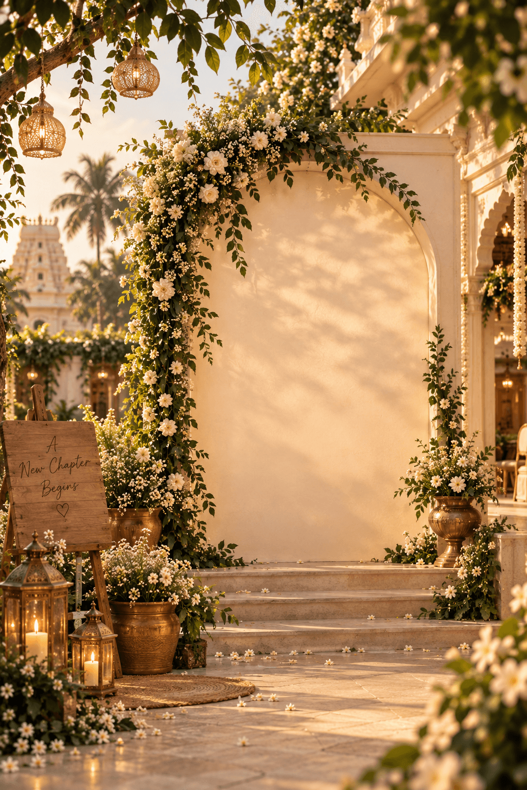 A floral stone archway with a blank sunlit backdrop, lanterns and a wooden sign reading 'A New Chapter Begins'.