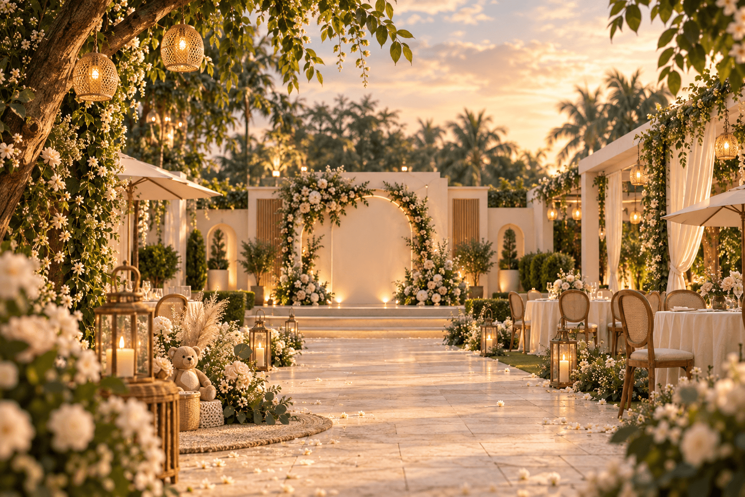 A wide view of the celebration venue at dusk, with a flower-framed arch, glowing lanterns, palm trees and dressed tables.