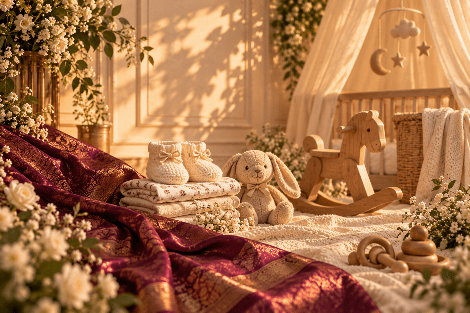 A tender nursery corner with a wooden cradle, rocking horse, knit booties and a silk saree draped over soft linens.